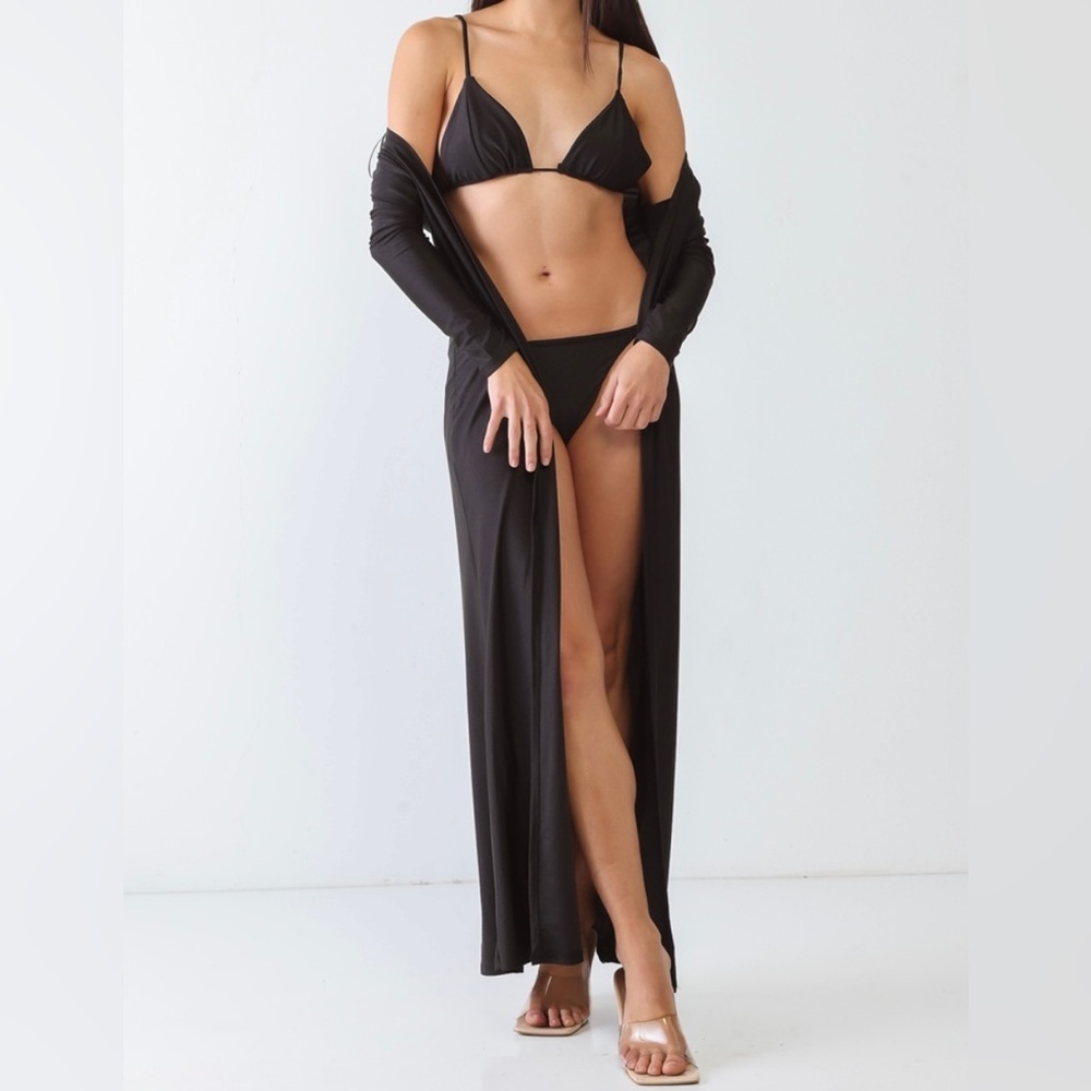 3 PC Swim Set Gold Satin Triangle Top, Self-Tie Thong, Long Sleeve Maxi Cover Up